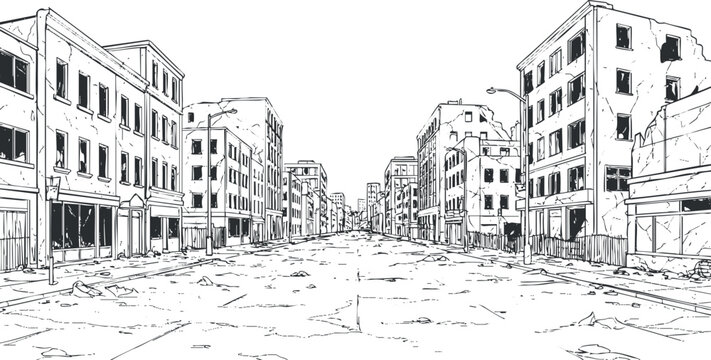 Detailed line art illustration of an abandoned urban street scene featuring dilapidated buildings and scattered debris, ideal for graphic design projects.