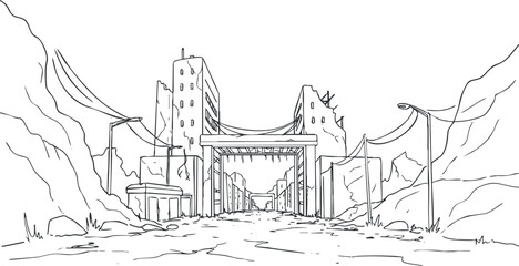 Obraz premium Outline vector illustration of an abandoned urban landscape featuring dilapidated buildings and a desolate road for creative projects