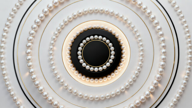 Elegant spiral of lustrous white pearls orbiting a black and gold center, creating a luxurious, symmetrical jewelry display