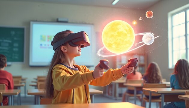 Young girl wears VR headset, holds controllers in classroom. Learns about solar system with 3D Sun, planets. Children study space science with augmented reality tech. Modern education lesson provides