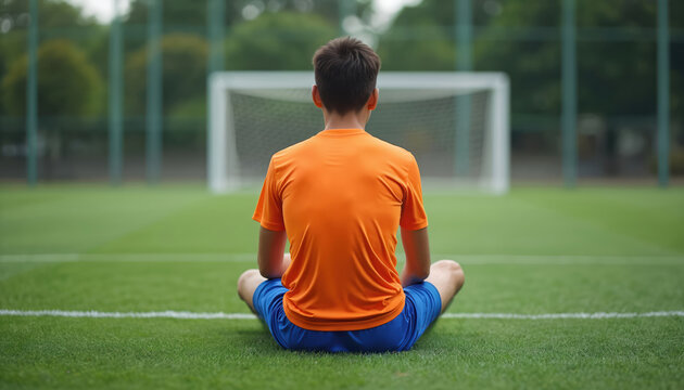Young male soccer player sits on green field facing goal. He wears orange shirt and blue shorts, contemplates game. Alone on turf, he trains, waits for match. Sport lifestyle concept. - Powered by Adobe