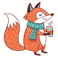Cute cartoon fox wearing scarf holding hot coffee