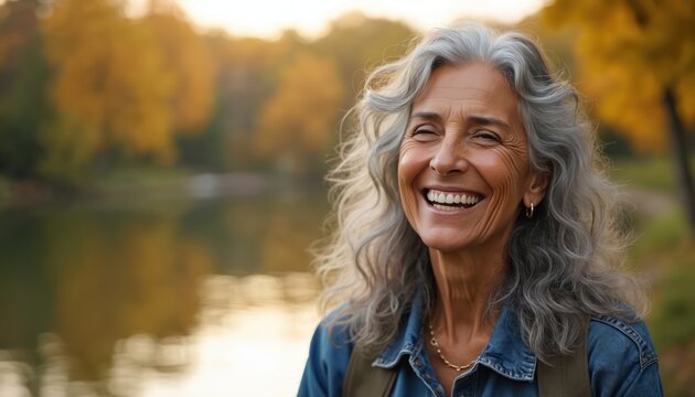 Mature hispanic woman laughs joyfully outdoors near calm lake reflecting autumn trees. Radiant smile, relaxed posture convey deep contentment. Enjoys nature, embracing wisdom, lively spirit with