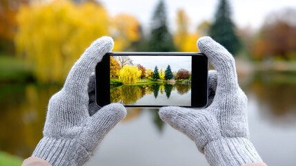 Hands wearing gray gloves hold smartphone capturing vibrant autumn landscape with colorful trees reflecting in tranquil lake, showcasing nature's beauty and seasonal change