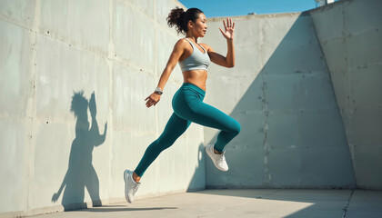 Fit asian woman runs outdoor. She wears sport bra, teal leggings, moves fast near concrete wall. Her shadow stretches on ground. Athletic female trains hard in daylight. Healthy lifestyle motivation.