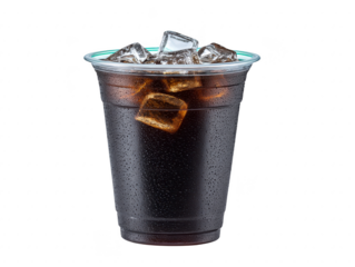 Iced drink in clear plastic cup with ice cubes, condensation on surface, refreshing and cold beverage isolated on transparency background