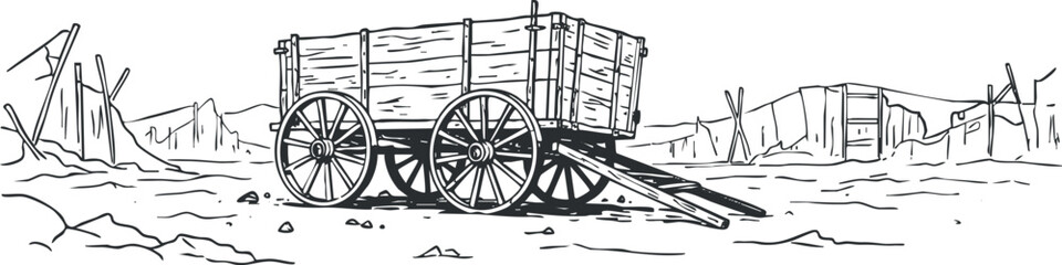 Fototapeta premium Detailed outline illustration of a vintage wooden wagon in a desolate landscape, perfect for rural-themed design projects