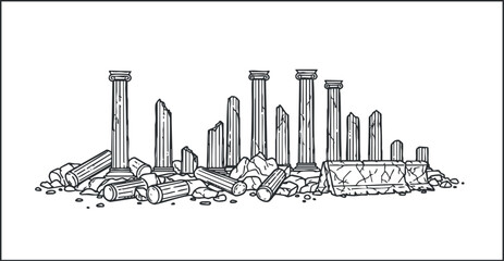 Fototapeta premium Outline vector illustration of ancient ruins featuring broken columns and stone debris, ideal for historical and architectural themes.
