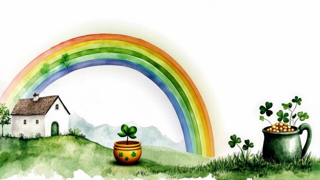 Rainbow emergence over countryside cottage with growing clover pot