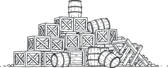 Obraz premium Hand-drawn vector illustration of a rustic pile of wooden crates and barrels, ideal for vintage design projects and packaging.