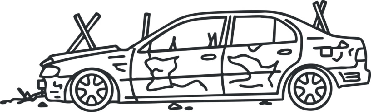 Outline vector illustration of an abandoned wrecked car with a dilapidated appearance for urban decay concepts