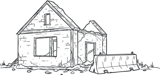 Fototapeta premium Outline vector illustration of an abandoned house in a state of decay, suitable for design and artistic projects.
