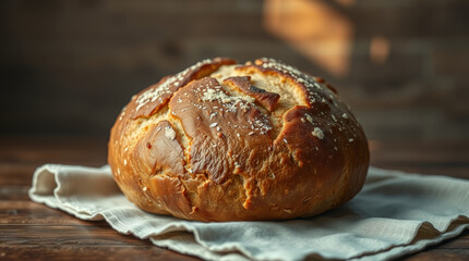 Round artisan bread with a golden crisp crust rests on a linen napkin over a rustic wooden table in warm natural light
