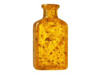 Amber fossil bottle preserving prehistoric insects, ancient resin trapping small bugs, transparent yellow specimen
