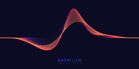 Big Data Flow wavy point lines. Minimalistic neural network information analysis. Digital dynamic qubits of data. AI technology voice print