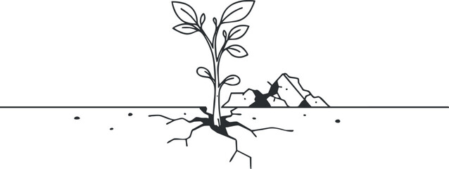 Fototapeta premium Minimalist line art illustration of a young plant growing through cracked soil, symbolizing resilience and nature's renewal.