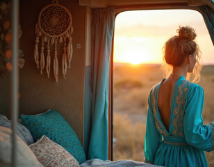 Woman in blue dress stands on camper door admiring golden sunset. Boho interior with dreamcatcher. Desert landscape view. Nomadic lifestyle.