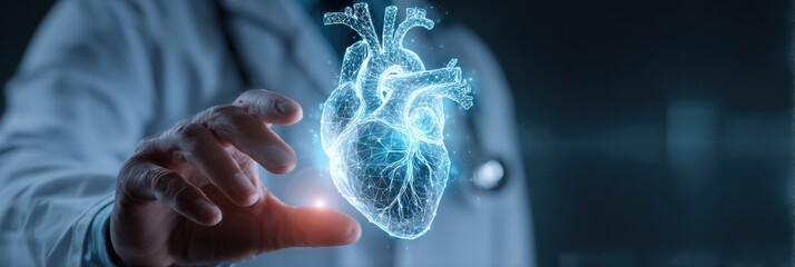 Doctor Uses Digital Heart Hologram to Demonstrate Modern Medical Technology in a Calm Blue Setting