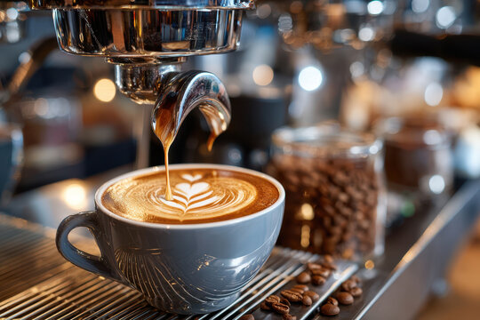 Espresso Machine Pouring Latte Art into Gray Mug