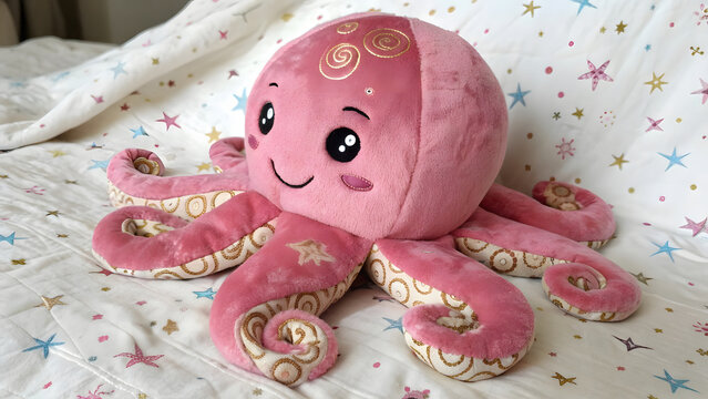 A reversible plush toy in the shape of a cheerful, huggable octopus—its primary side glowing in a soft, luminous pink velvet fabric, with oversized, rounded arms curled gently as if in a hug