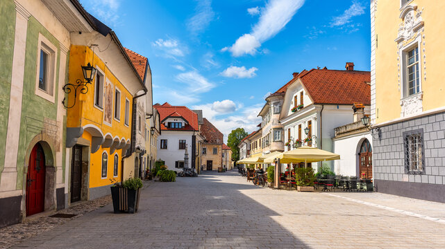 Main square with historic buildings in the Slovenian town of Radovljica.