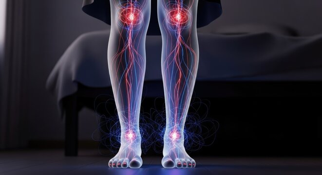 Restless leg syndrome: limb agitation, neural dysfunction, nocturnal distress, muscle spasm, circulatory problem, body unease, motor compulsion, vascular concern, chronic ailment, sensory irritation,