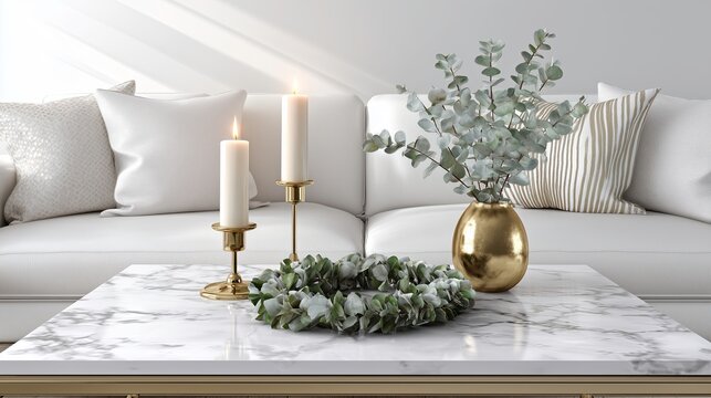 Modern living room coffee table with candles and eucalyptus arrangement  