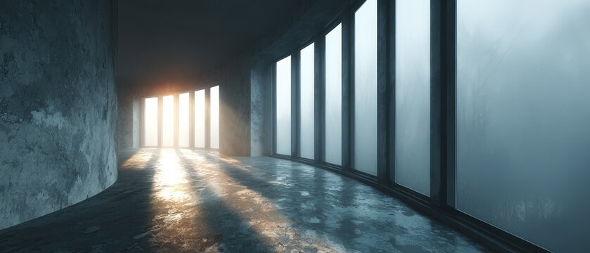 Modern Architectural Interior with Curved Concrete Walls and Panoramic Windows at Sunrise