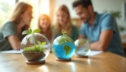 Family learns about environment and sustainability. Young sprouts grow in glass spheres, symbolizing planet Earth and eco education. Kids and parents discuss green living future.