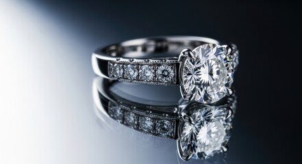 Elegant diamond ring sparkling gemstone on reflective surface