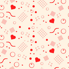 A pattern with hearts and geometric shapes for Valentine's Day. Seamless pattern. Suitable for packaging, textiles, covers, and social media posts. EPS 10.