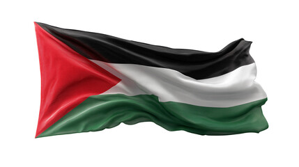 The flag of Palestine isolated on a white background in transparent png style, featuring black, white, green stripes, and red triangle.