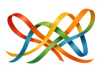 Group of vibrant ribbons intertwining, creating an abstract knot symbolizing connection, teamwork, interaction, and diversity