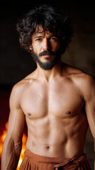 Naklejka premium Strong man stands proudly in warm light. A muscular man poses confidently with a beard, illuminated by soft, warm light from a nearby fire.