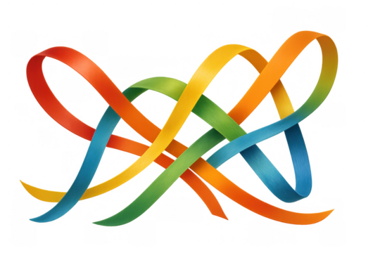 Group of vibrant ribbons intertwining, creating an abstract knot symbolizing connection, teamwork, interaction, and diversity