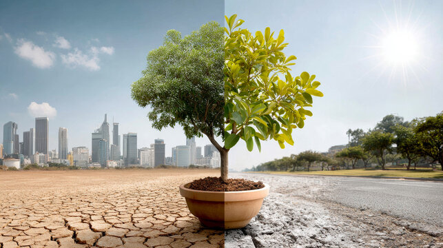 Urban vs. nature's growth. A split scene shows a dry cityscape on one side and a lush tree in a pot on the other, highlighting nature's resilience.
