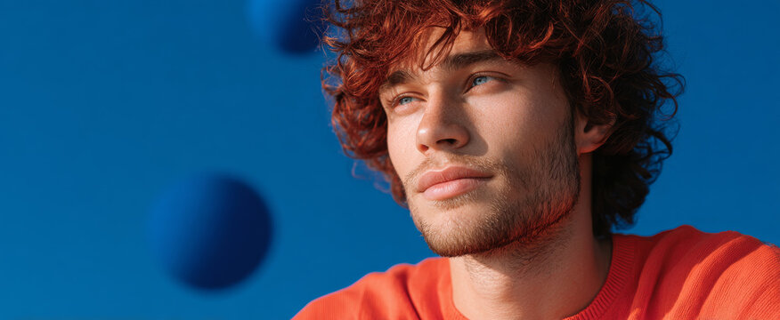Man in bright sweater, blue sky. A young man with curly hair and a thoughtful expression gazes into the distance under a clear blue sky.