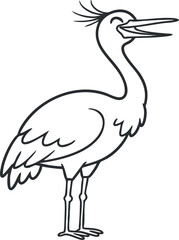 Obraz premium Whimsical outline vector illustration of a heron with a playful expression, ideal for nature-themed designs and educational materials