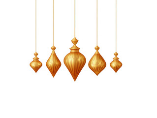 Golden hanging ornaments, five elegant decorative pendants with shiny metallic finish, suspended on thin strings, isolated on transparency background, festive and luxurious mood