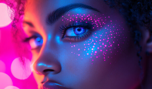 Glowing beauty portrait. Close-up of a colorful face with striking eyes and artistic embellishments at a night event.