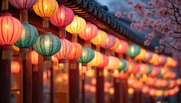 Row of colorful lanterns hang outside asian temple building. Red pink yellow blue green lamps illuminate pathway. Cherry blossoms bloom nearby at dusk.