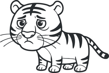 Fototapeta premium Cute cartoon vector illustration of a sad tiger character, ideal for children's books, educational materials, and playful design projects