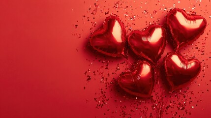 Red heart shaped balloons with confetti create a romantic celebration mood for Valentine’s Day