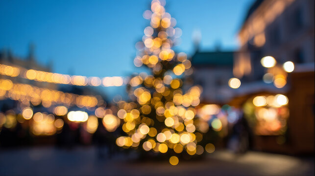 Festive market with tree lights. A festive holiday market scene with a beautifully lit Christmas tree and blurred vendor stalls in the evening glow.