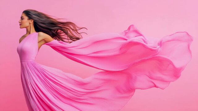 Graceful woman adorned in vibrant fuchsia gown, her flowing fabric and long hair creating ethereal motion against monochrome blush backdrop