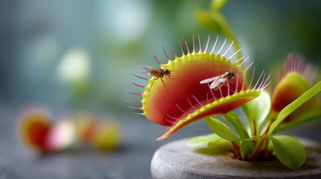 Venus flytrap catches insects. Two insects are caught in a Venus flytrap, showcasing the plants unique feeding mechanism in a lush environment.