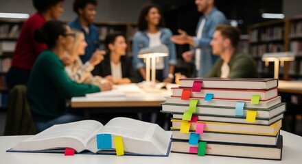 Diverse group of individuals engaged in a collaborative study session at a library table with focus on stack of books. concept of collaboration, learning, education