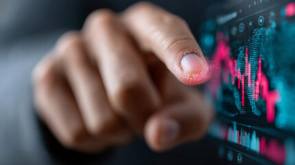Finger on digital stock display. A hand with a finger is interacting with a glowing stock market display showing fluctuating graphs and data.