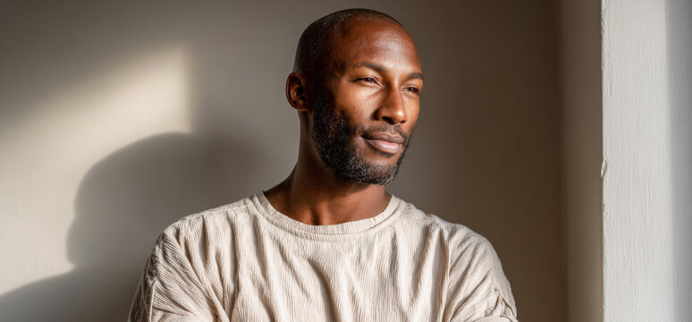 Man gazes thoughtfully by the window. A man stands by a sunlit window, appearing contemplative and calm in a relaxed setting.