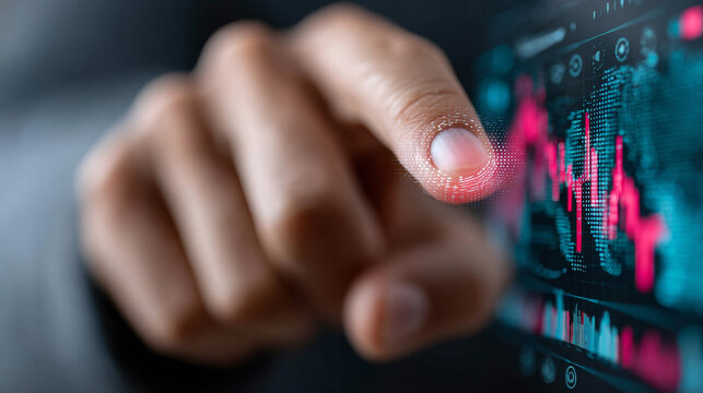 Finger on digital stock display. A hand with a finger is interacting with a glowing stock market display showing fluctuating graphs and data.